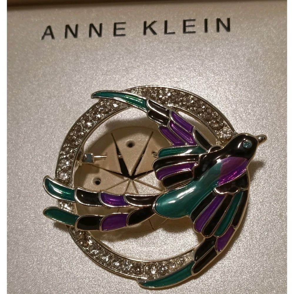 Anne Klein Silver Tone Multicolor‎ Rhinestones Hummingbird In Flight Pin Brooch